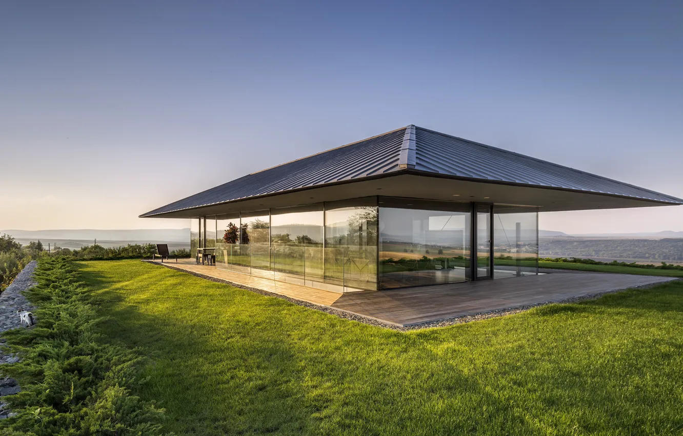 Photo wallpaper architecture, buildings, by I-O Architects, glass and stone house in Bulgaria, Medovina village, Observation House