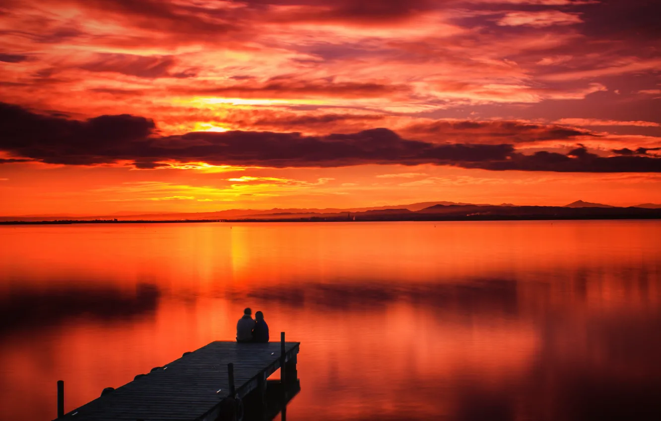 Photo wallpaper the sky, clouds, sunset, mountains, lake, reflection, mirror, pair