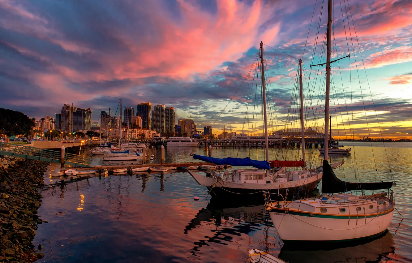 Photo wallpaper boats, the evening, pier, CA, USA, San Diego