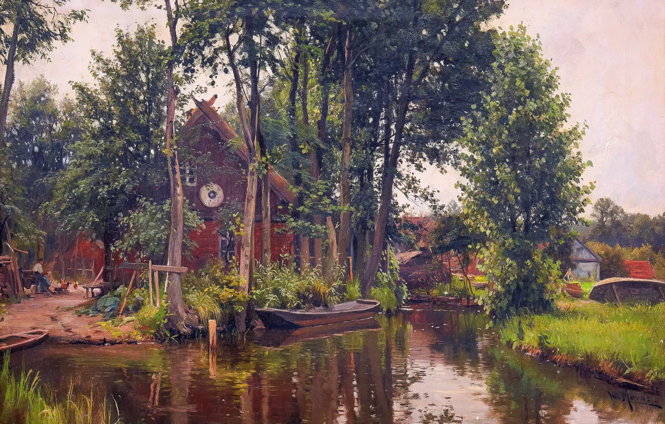 Photo wallpaper trees, river, boat, home, picture, Walter Moras, German painter, Walter Moras