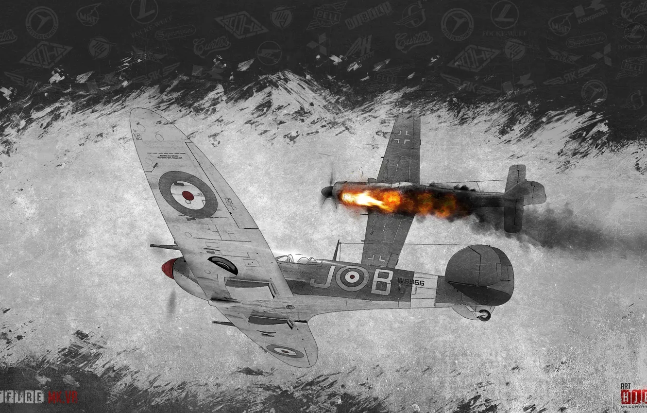 Photo wallpaper the sky, clouds, the plane, war, minimalism, fighter, Spitfire, World of Warplanes