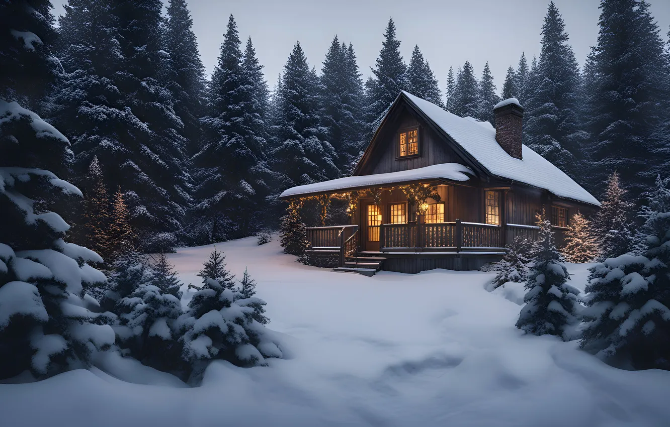 Photo wallpaper winter, forest, snow, house, house, hut, forest, winter