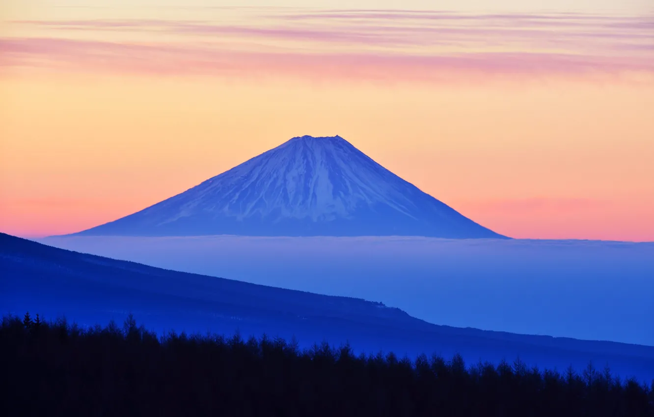 Photo wallpaper the sky, clouds, trees, sunset, Japan, mount Fuji