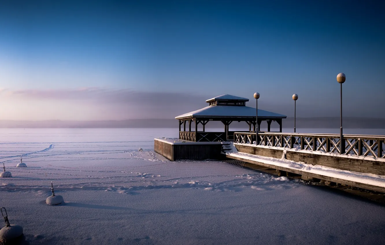 Photo wallpaper winter, snow, lake, pier