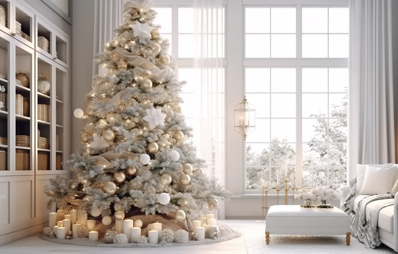 Photo wallpaper winter, decoration, room, gift, balls, tree, new year, interior