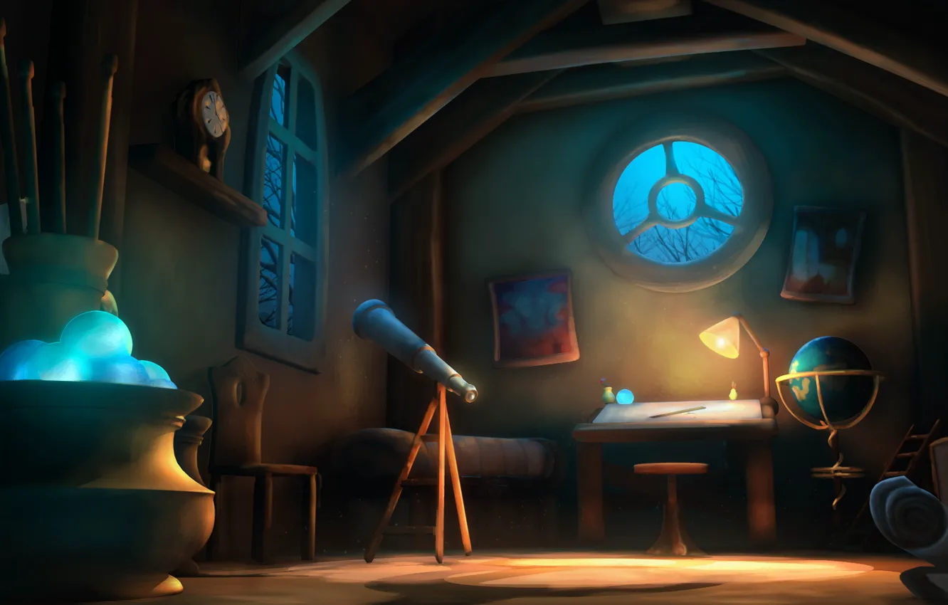 Photo wallpaper room, window, art, telescope