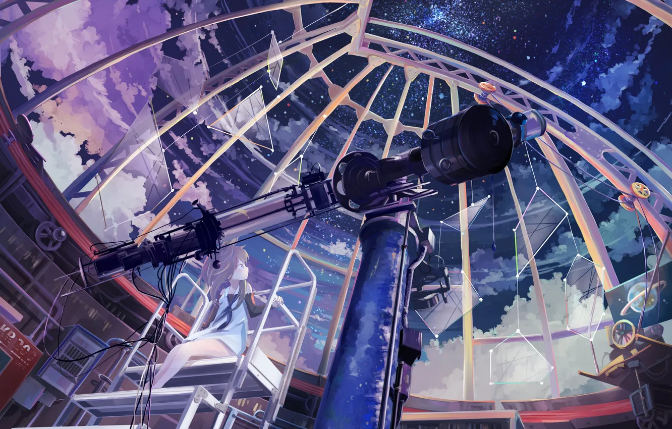 Photo wallpaper the sky, girl, stars, clouds, anime, art, telescope, remosse512