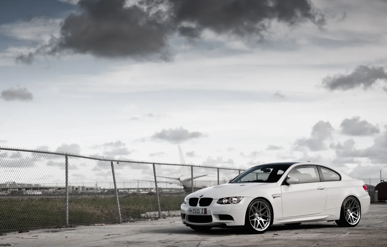 Photo wallpaper white, the sky, clouds, bmw, BMW, the fence, white, the plane