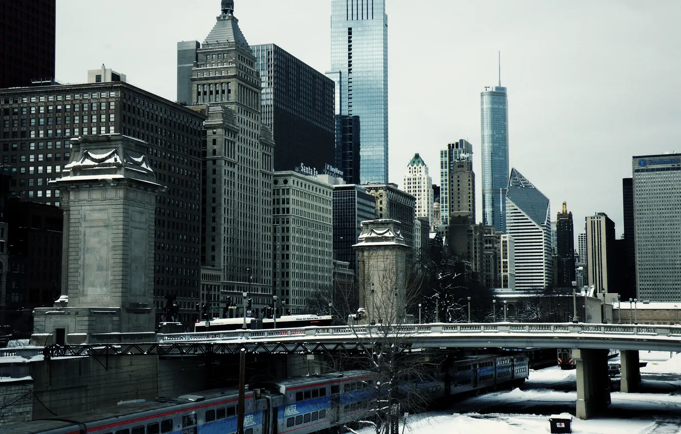 Photo wallpaper winter, snow, bridge, building, skyscrapers, America, Chicago, Chicago