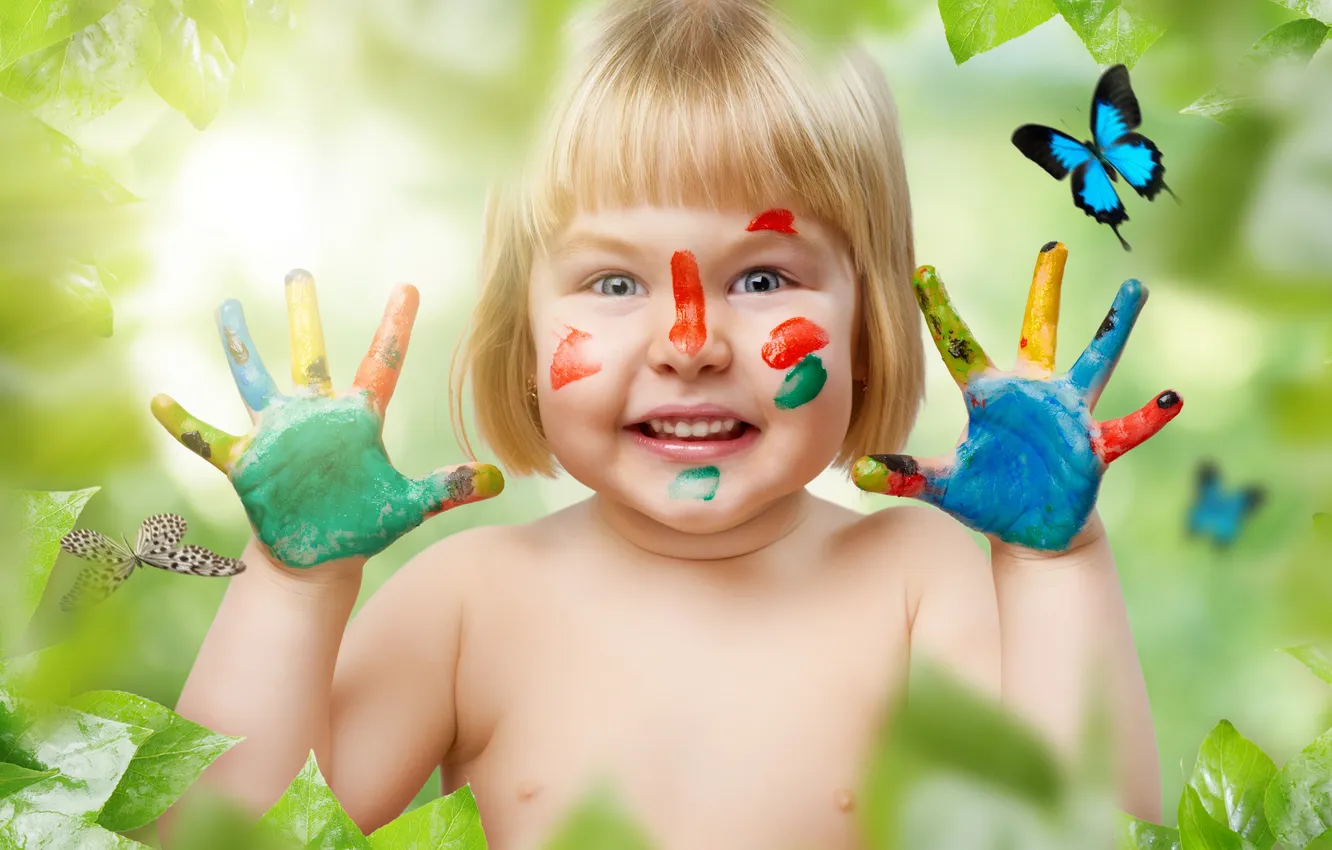 Photo wallpaper butterfly, smile, paint, hands, girl, her hands, strokes