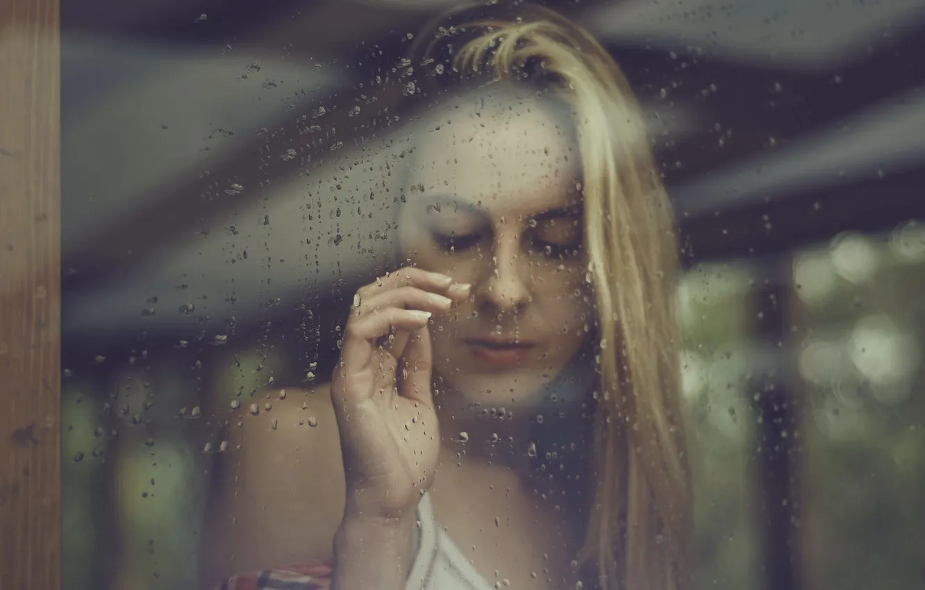 Photo wallpaper glass, girl, drops, window