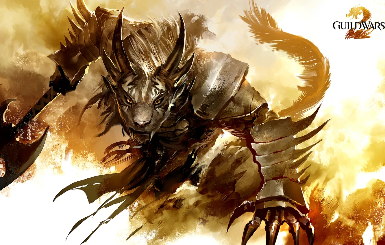 Photo wallpaper armor, warrior, tail, fangs, horns, beast, axe, Guild Wars 2