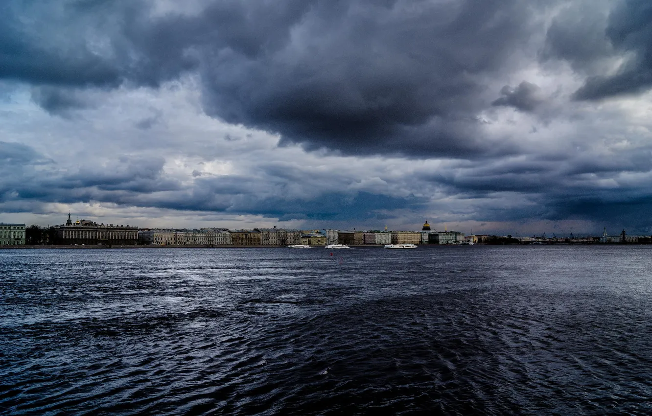 Photo wallpaper Peter, River, Clouds, Saint Petersburg, Russia, SPb, Neva, Overcast