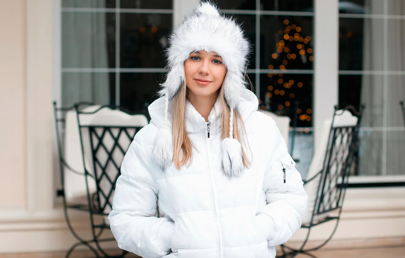 Photo wallpaper hat, portrait, jacket, blonde, beautiful, in white, jacket
