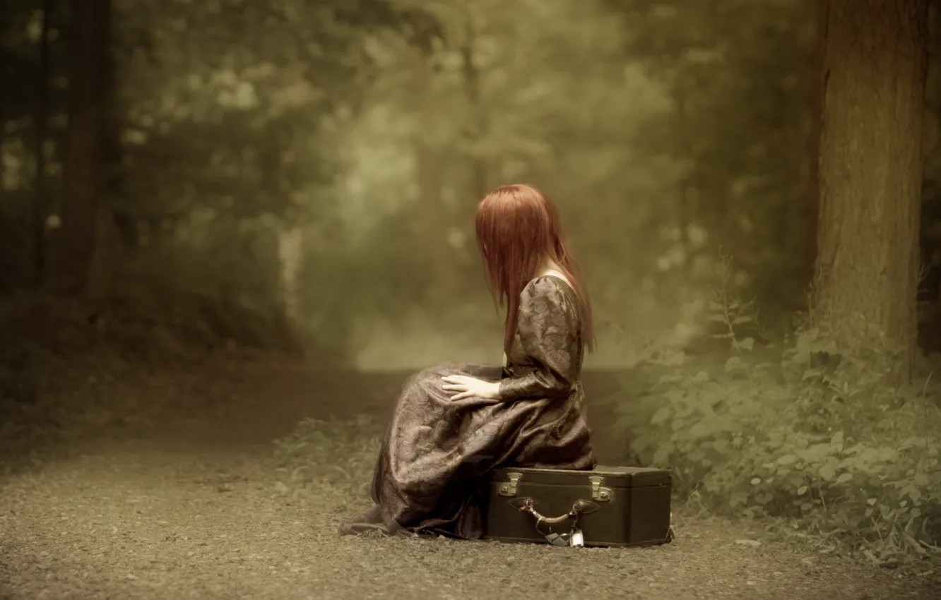 Photo wallpaper road, forest, girl, mood, suitcase