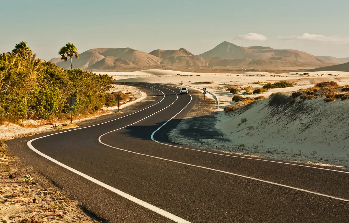 Photo wallpaper road, sand, car, the sky, freedom, clouds, trees, landscape
