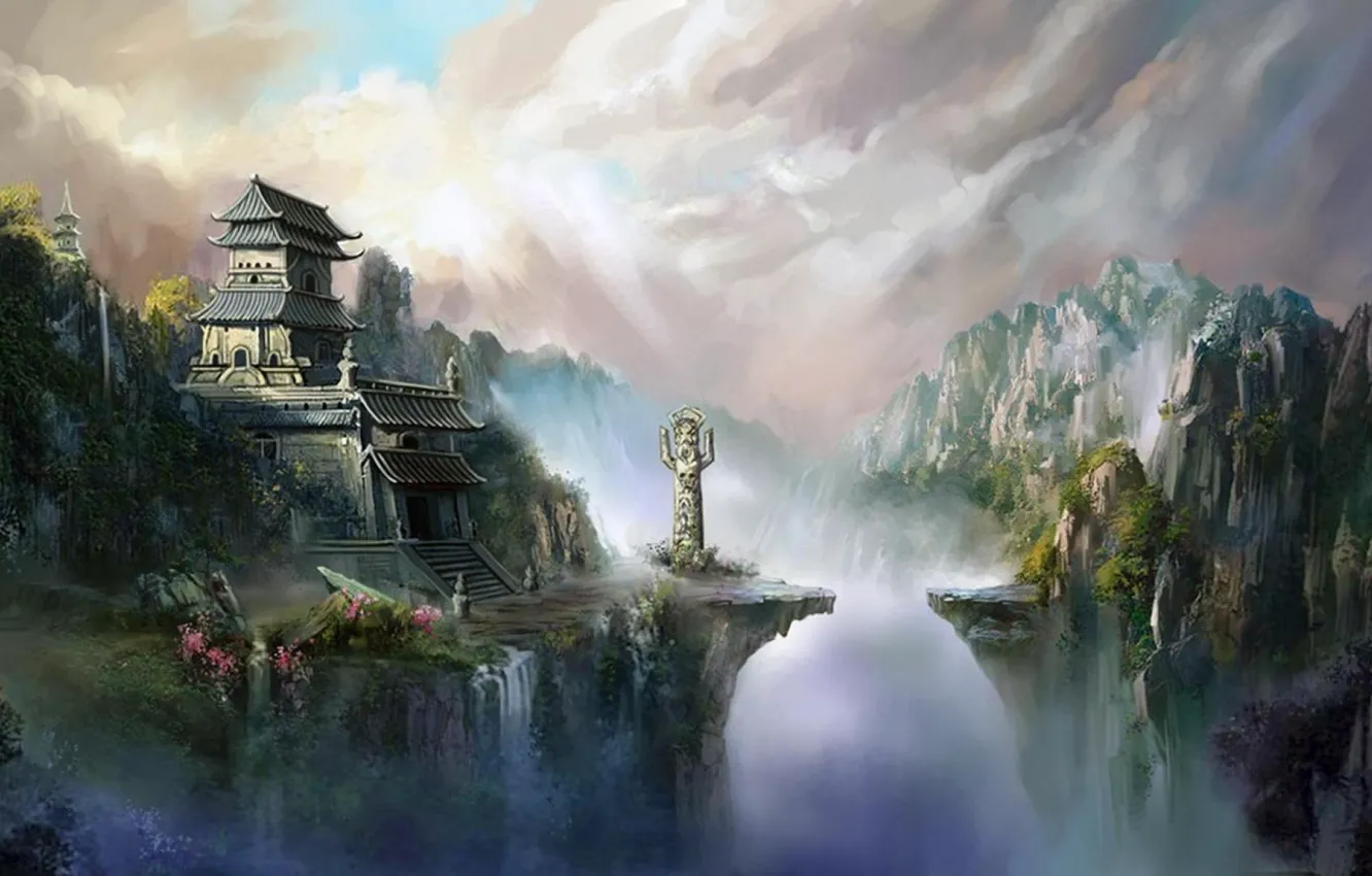 Photo wallpaper clouds, mountains, house, Asia, waterfall, gorge, statue