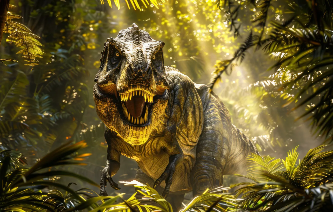 Photo wallpaper forest, grass, look, trees, animal, dinosaur, predator, front