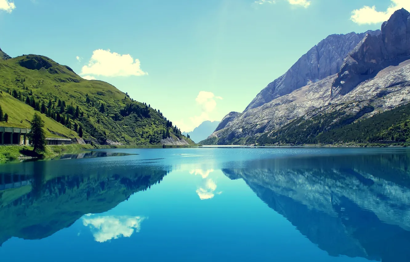 Photo wallpaper mountains, lake, water surface reflection