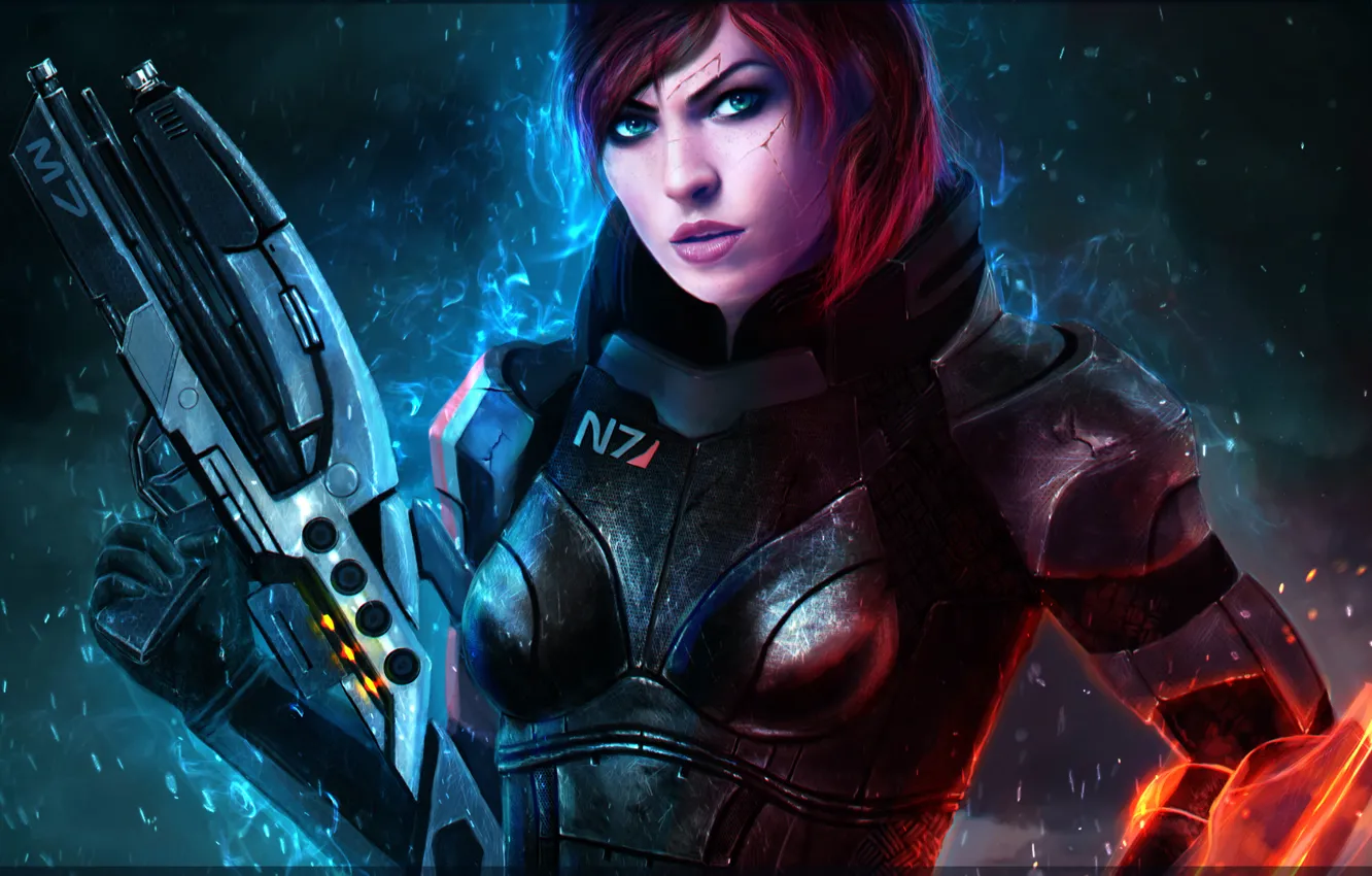 Wallpaper girl, red, mass effect, shepard, bioware, commander, renegade ...