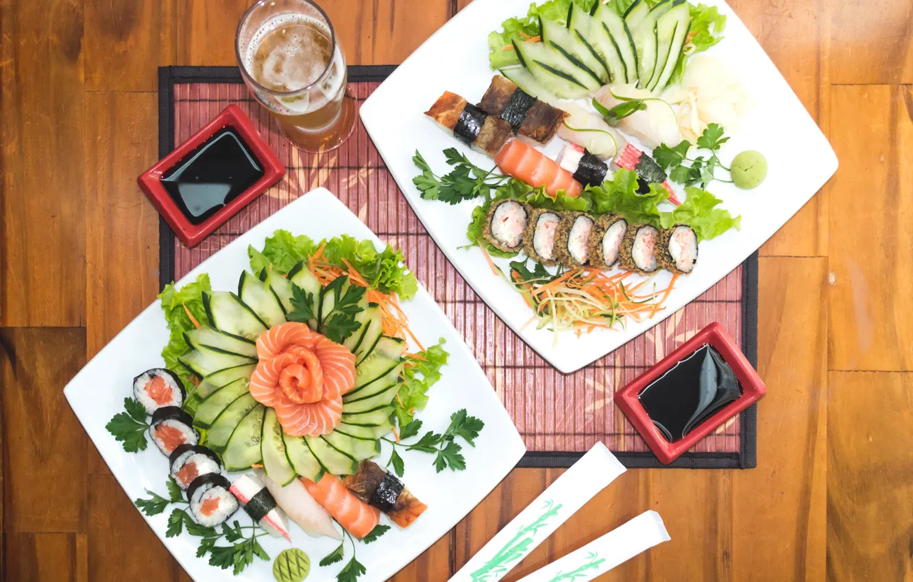Photo wallpaper food, beer, sushi, chopsticks, sake