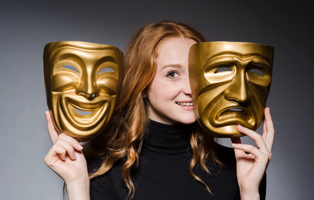 Photo wallpaper golden, woman, masks, theater
