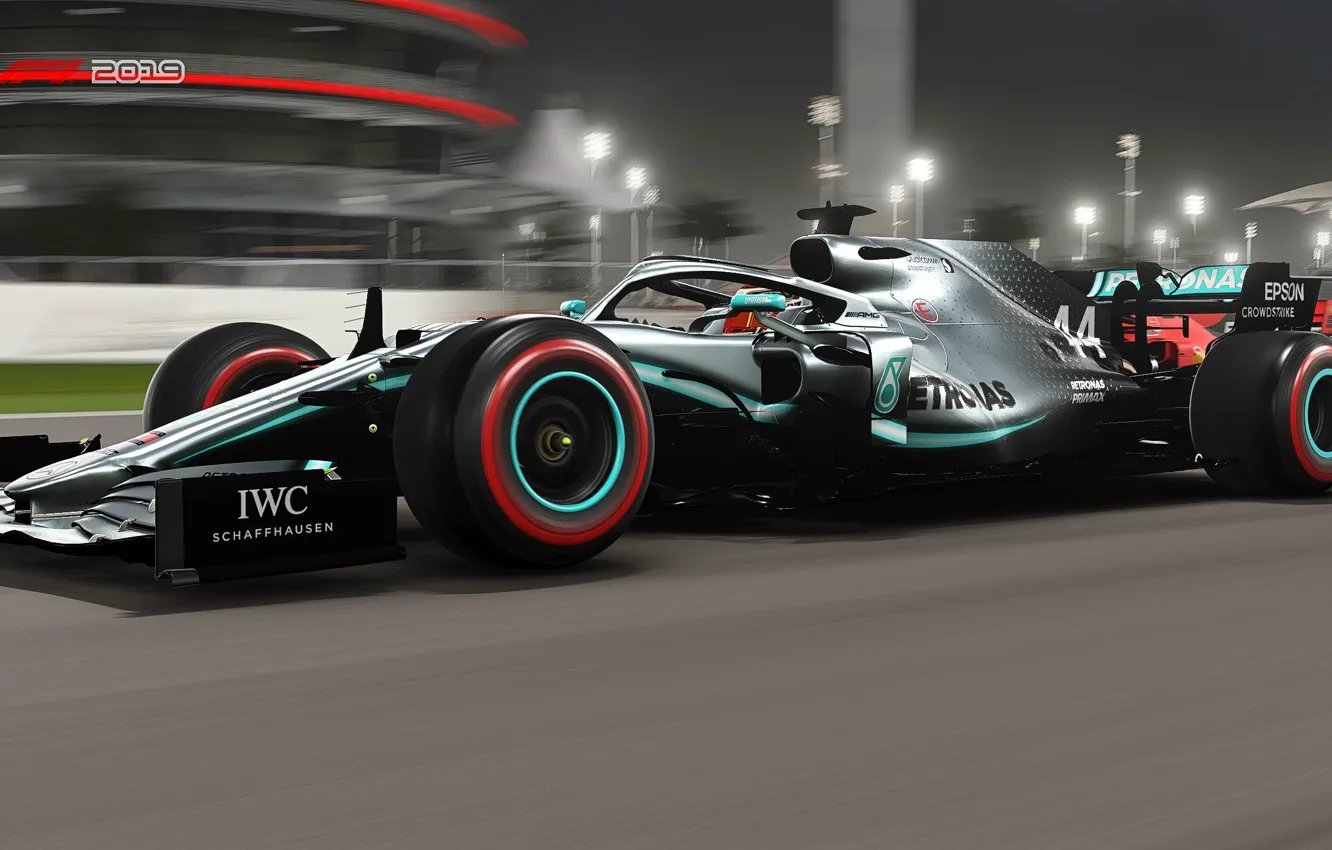 Photo wallpaper machine, speed, track, spotlight, in motion, racing car, F1 2019, Mercedes AMG F1 W10 EQ …