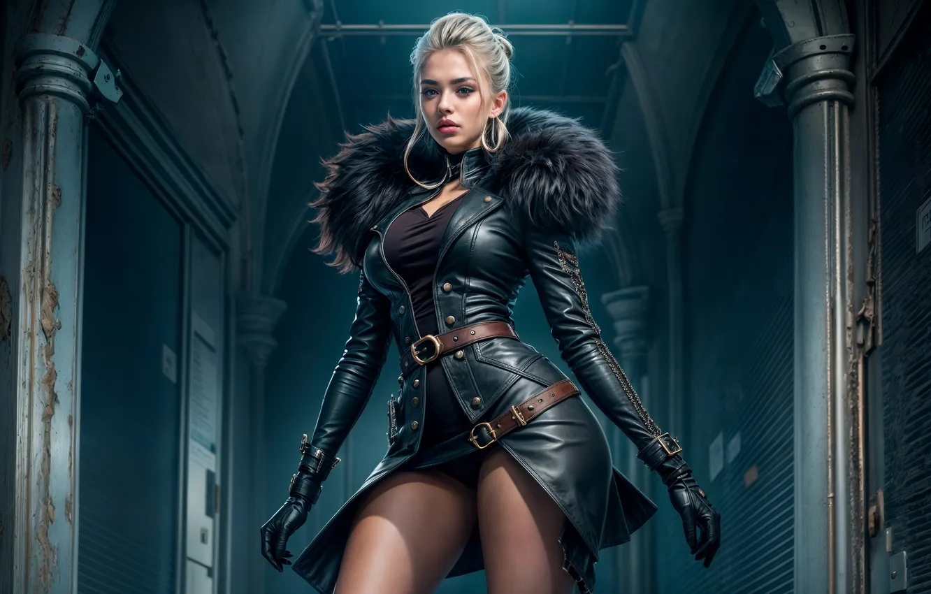 Photo wallpaper girl, blonde, AI Art, leather clothes