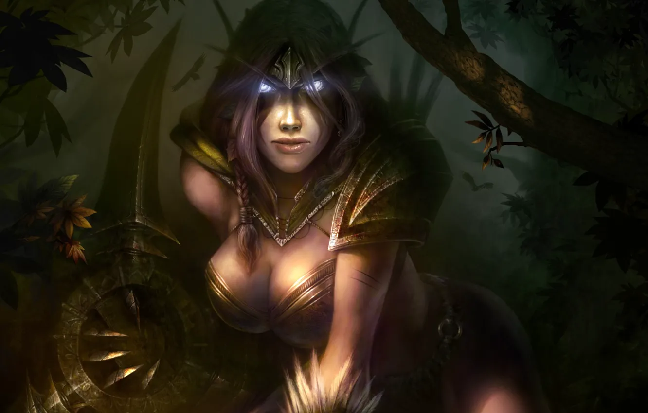 Photo wallpaper forest, weapons, elf, art, World of Warcraft, elf, ears, wow