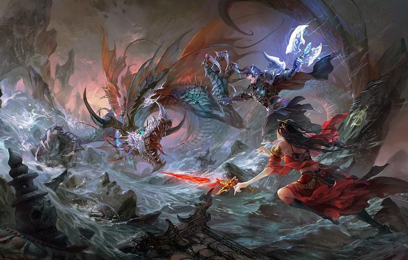 Photo wallpaper girl, river, rocks, dragon, sword, art, battle, guy