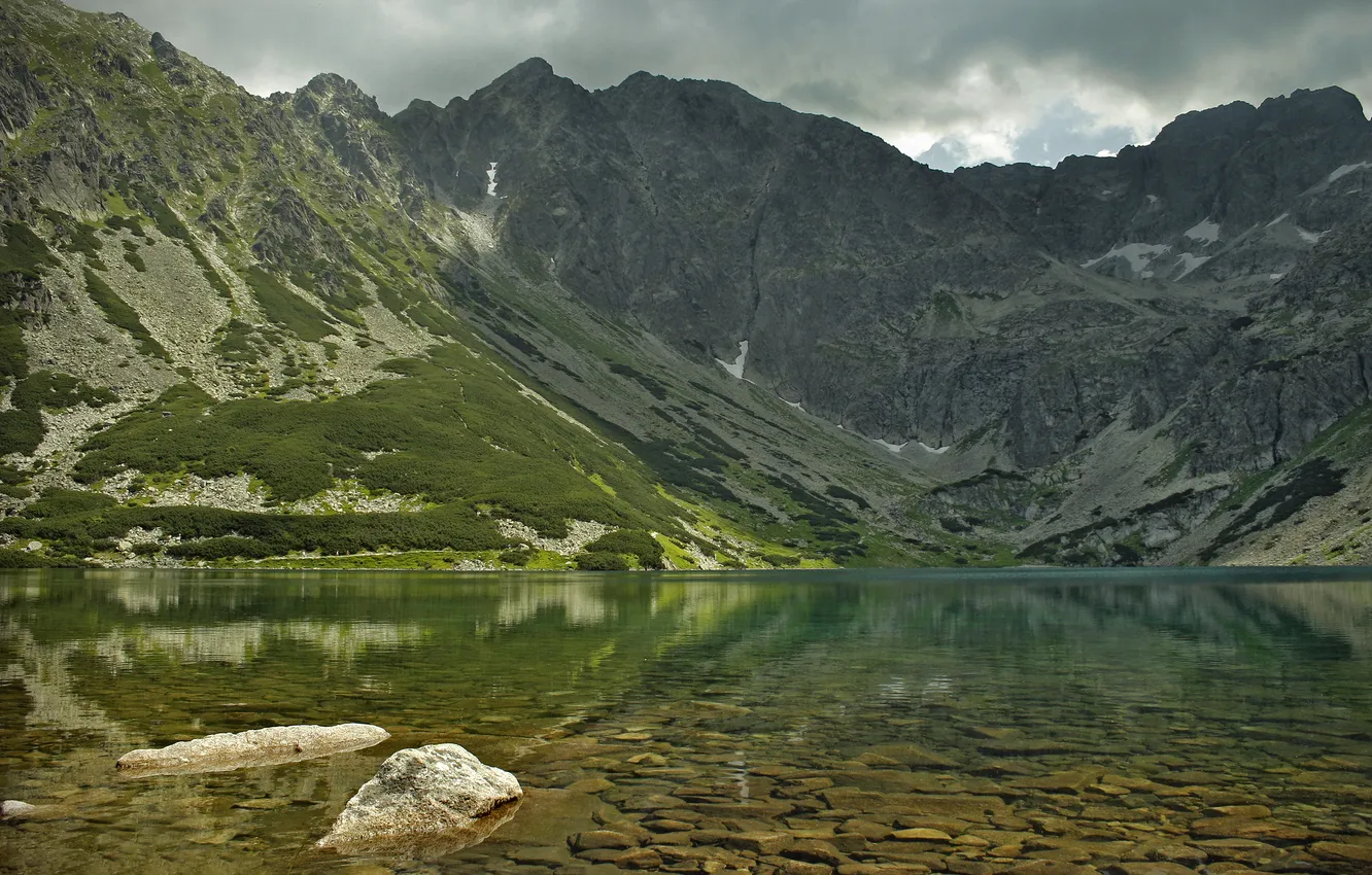 Photo wallpaper greens, grass, clouds, snow, mountains, lake, reflection, stones
