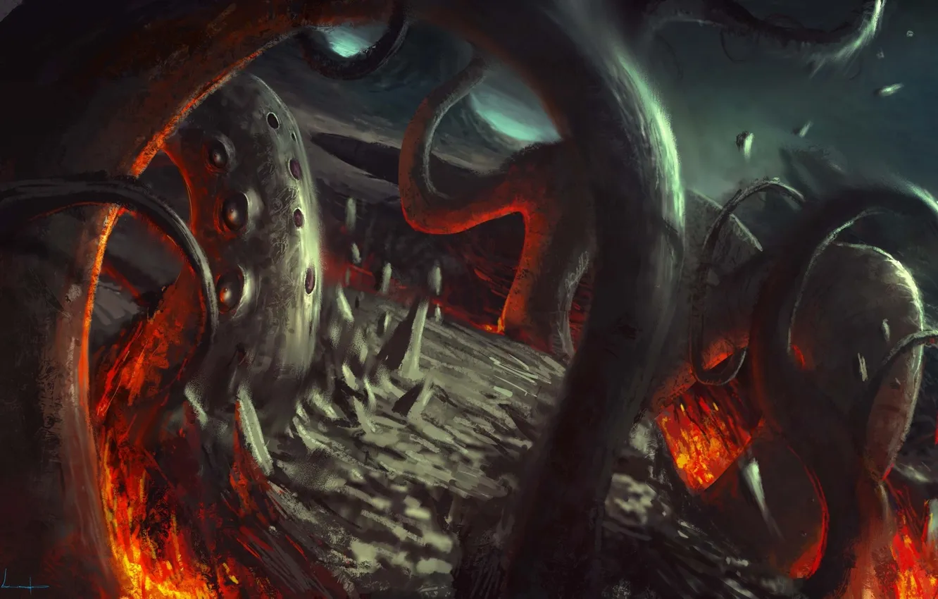 Photo wallpaper red, planet, creature, sci fi, tentacles