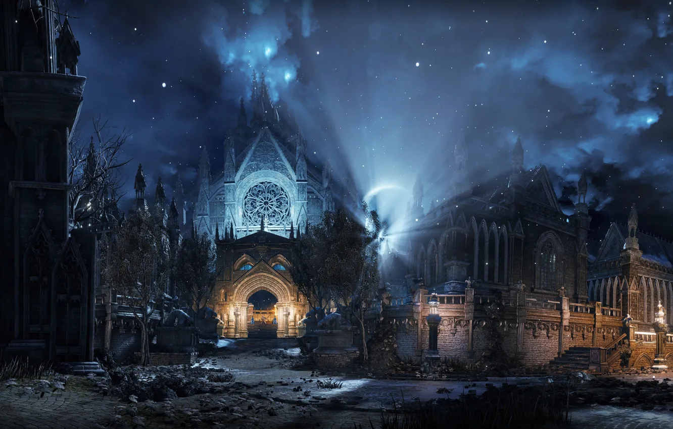 Photo wallpaper night, darkness, mystic, Dark Souls III, dark world, gothic background, the gloomy temple