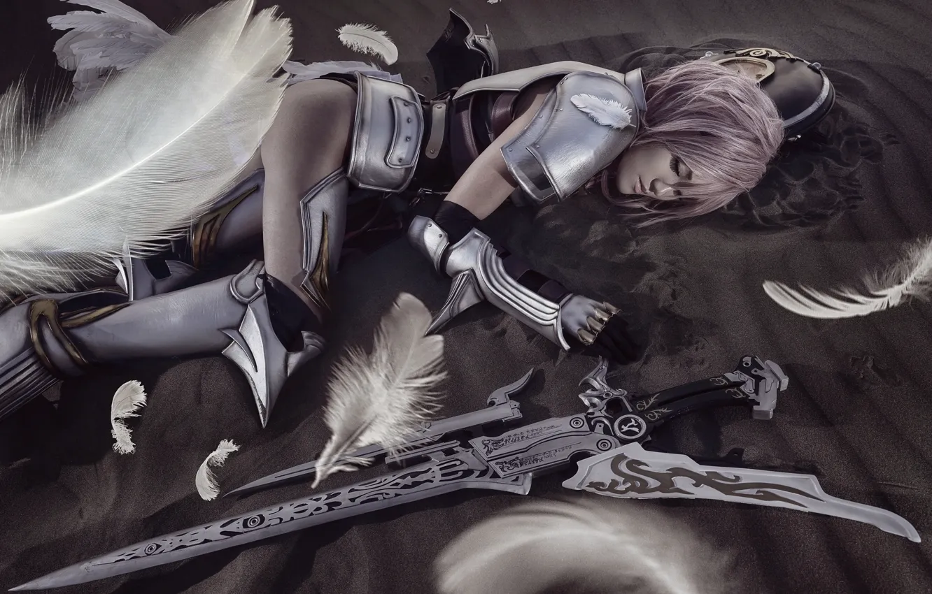 Photo wallpaper girl, armor, feathers, costume, lies, cosplay
