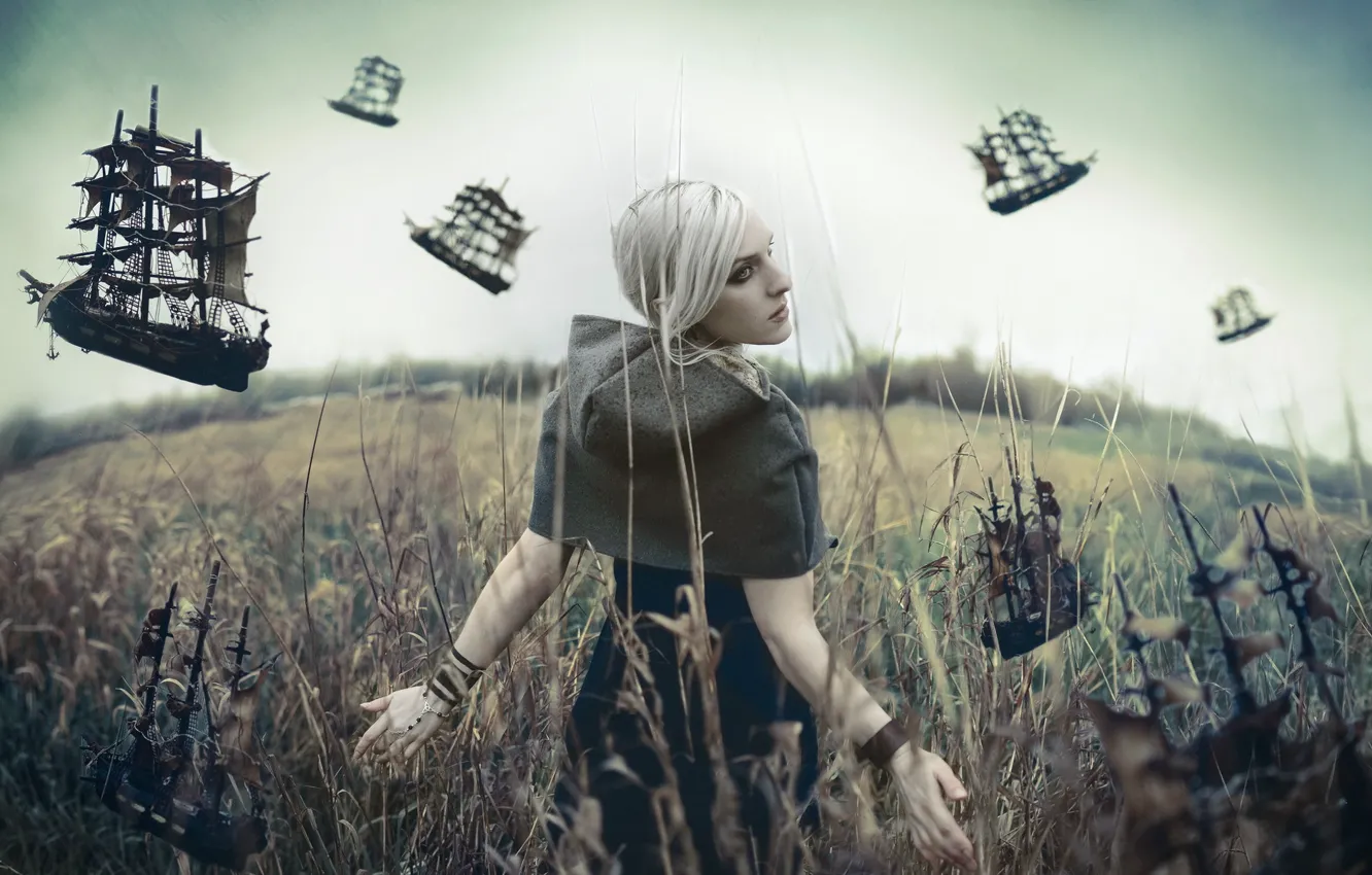 Photo wallpaper field, girl, the situation, ships