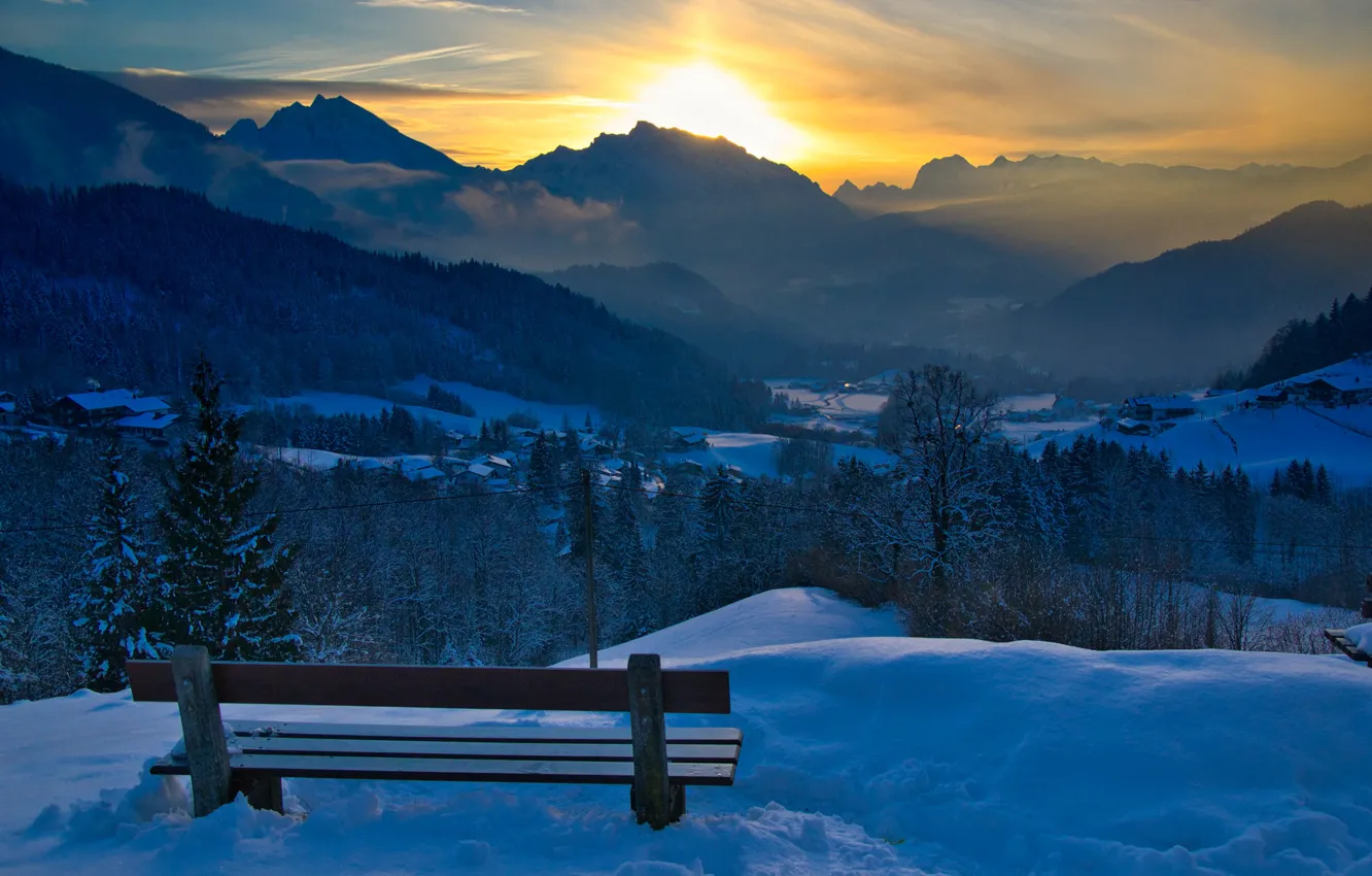 Photo wallpaper winter, the sun, landscape, sunset, mountains, nature, Germany, Bayern