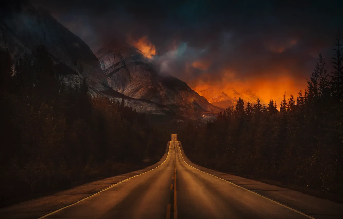 Photo wallpaper road, forest, the sky, trees, mountains, clouds