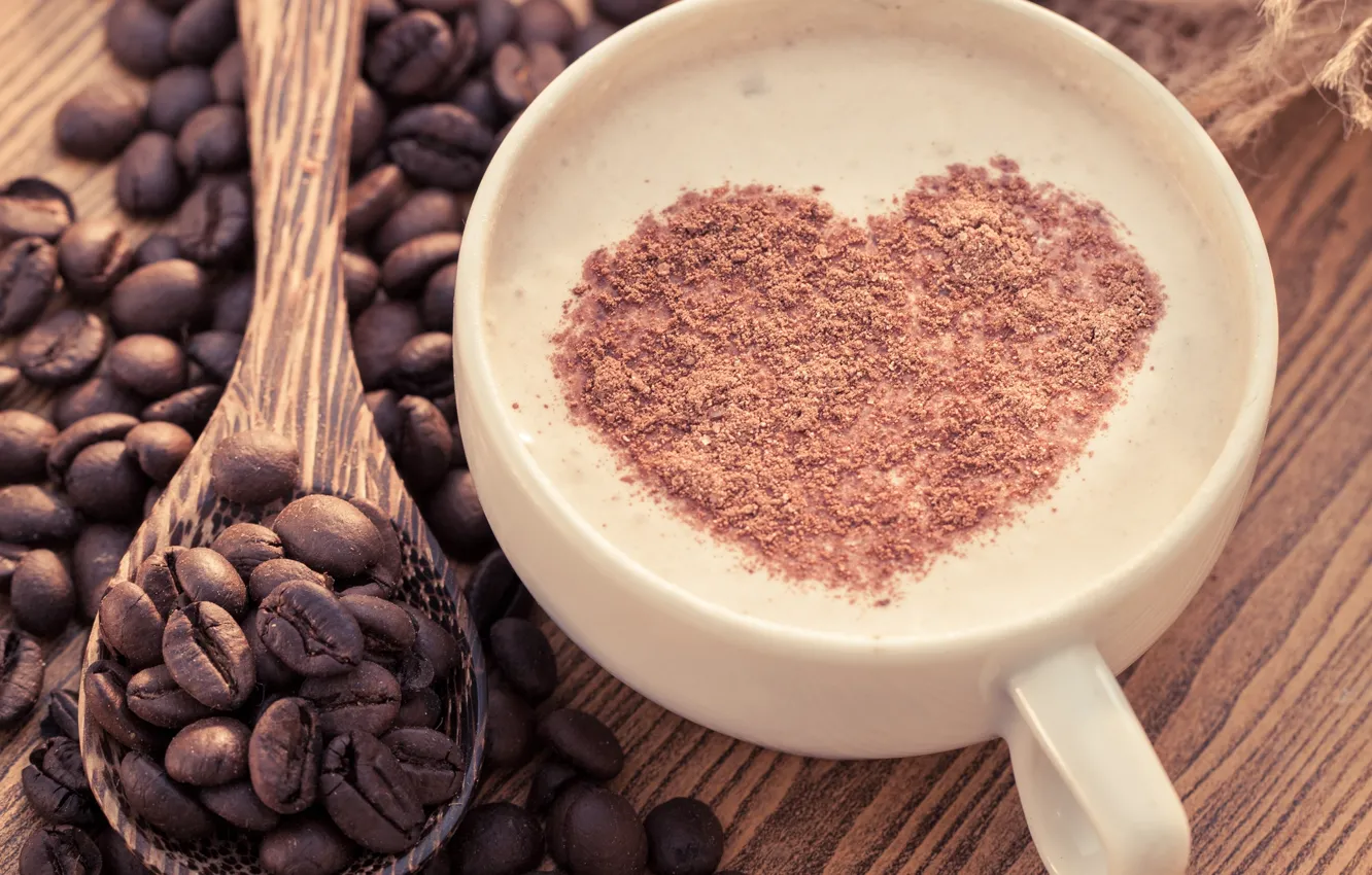 Photo wallpaper foam, heart, coffee, chocolate, spoon, heart, cappuccino