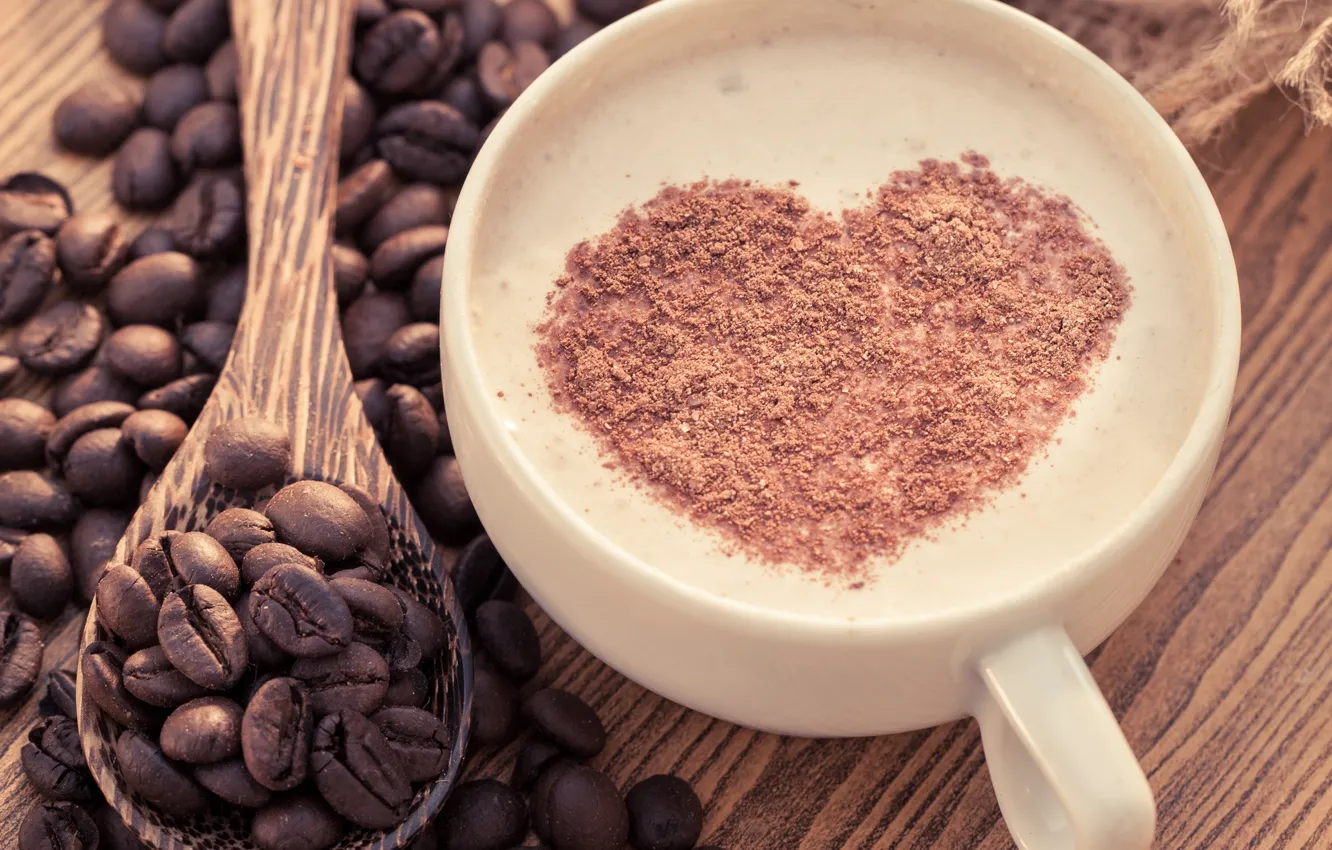 Photo wallpaper foam, heart, coffee, chocolate, spoon, hearts, cappuccino