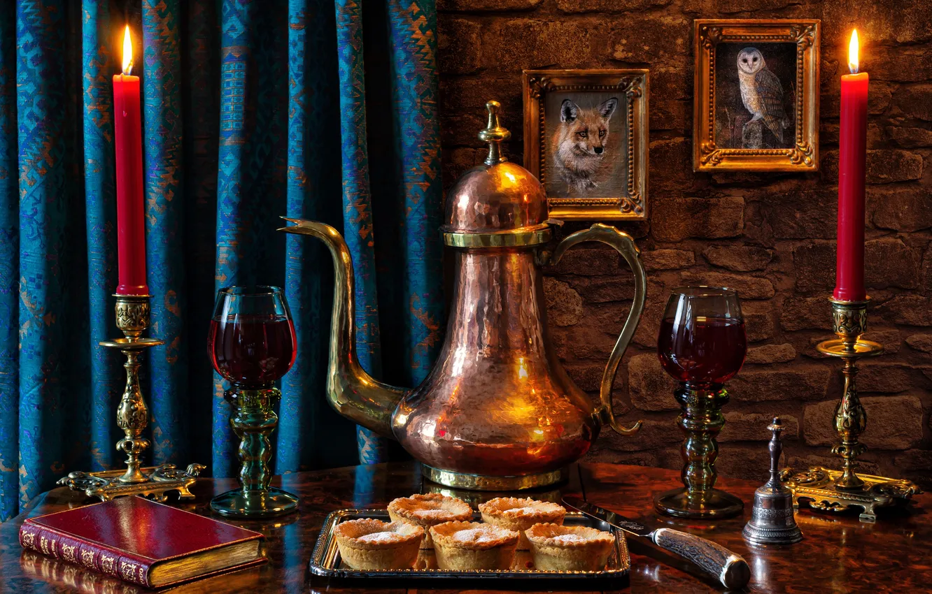 Photo wallpaper wine, glass, candles, book, cake, bells, coffee pot