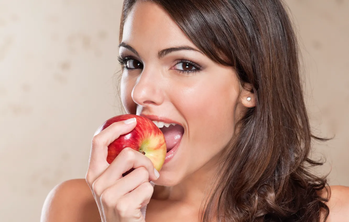 Photo wallpaper girl, apples, ate, young