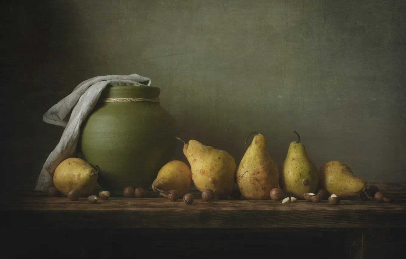 Photo wallpaper Board, towel, pot, nuts, still life, pear, ceramics