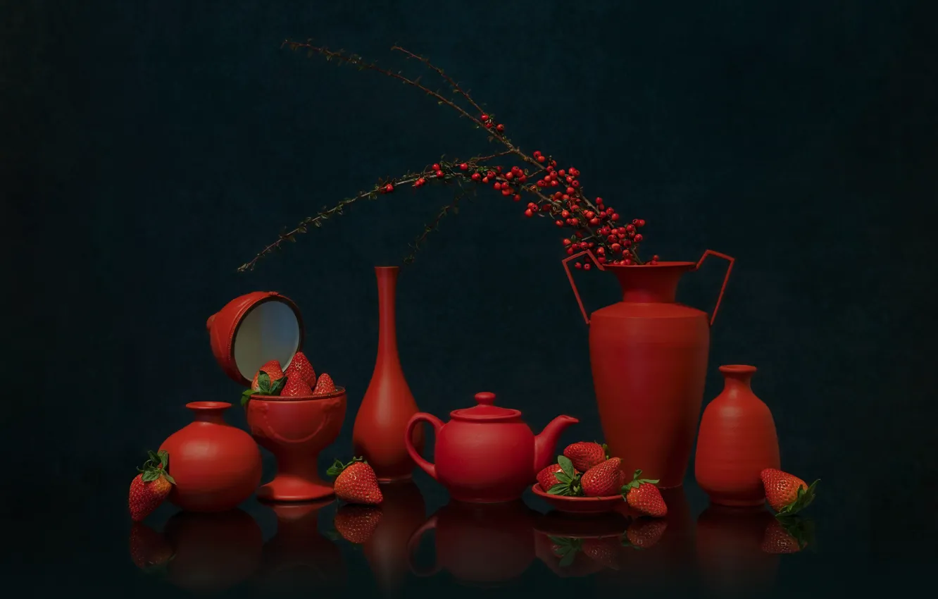 Photo wallpaper red, berries, strawberry, dishes, still life