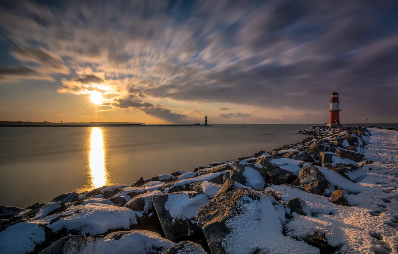 Photo wallpaper sea, shore, lighthouse, East Pier Of Warnemünde