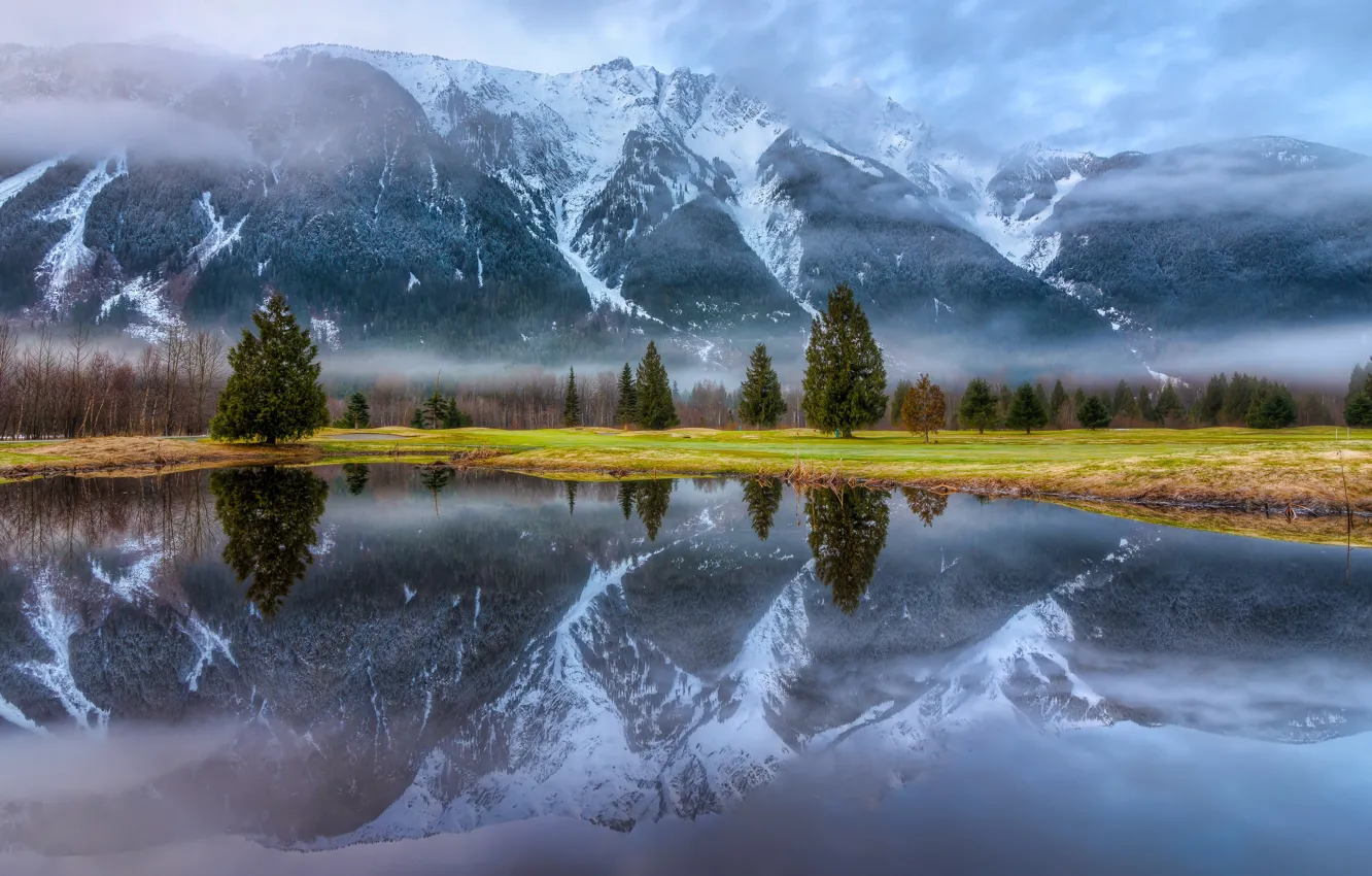 Photo wallpaper snow, trees, landscape, mountains, nature, fog, lake, reflection