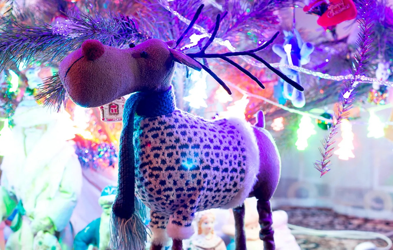 Photo wallpaper light, branches, lights, toy, new year, blur, deer, scarf