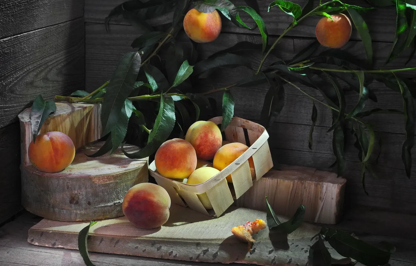 Photo wallpaper leaves, Board, branch, fruit, basket, peaches, Sergey Pounder