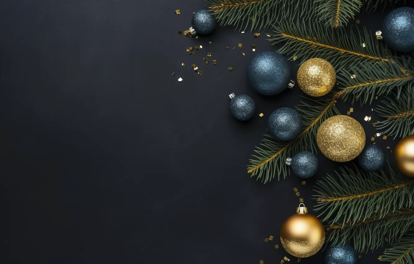 Photo wallpaper decoration, the dark background, balls, new year, Christmas, golden, Christmas, balls