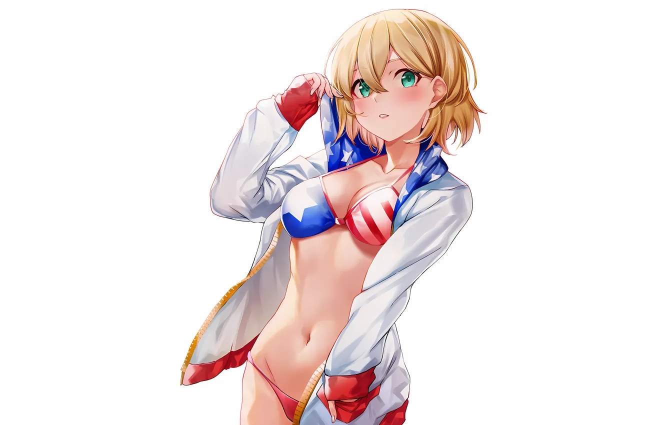 Photo wallpaper girl, sexy, cleavage, green eyes, boobs, anime, beautiful, short hair