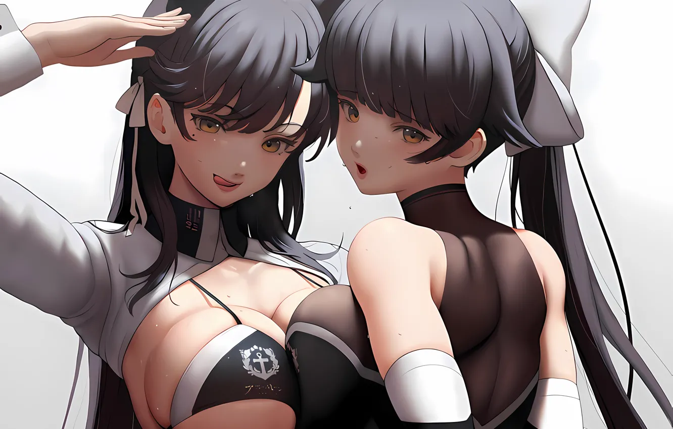 Photo wallpaper sexy, cleavage, long hair, girls, brown eyes, boobs, anime, beautiful